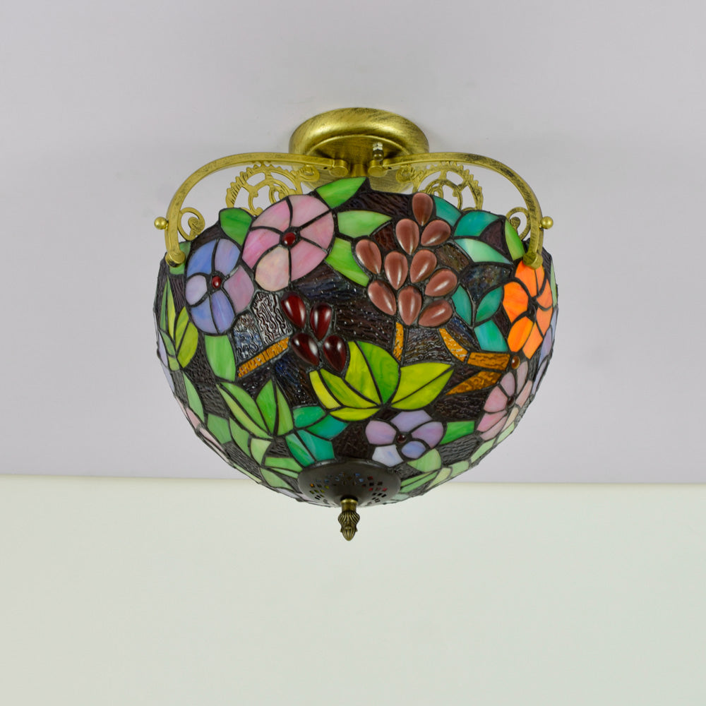Floral Stained Glass Ceiling Light with Berries in Tiffany Style