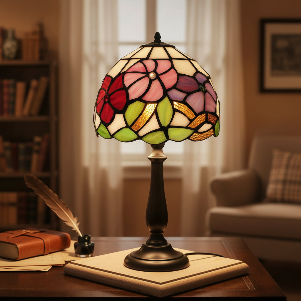 Floral Stained Glass Dome Lampshade with Beads