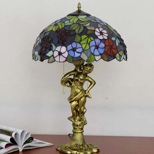 Floral Stained Glass Table Lamp with Bronze Statuette Base
