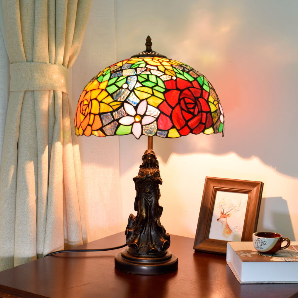 Floral Stained Glass Table Lamp with Female Base