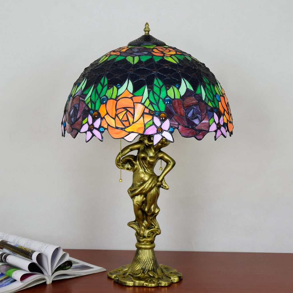 Floral Stained Glass Table Lamp with Sculpted Base
