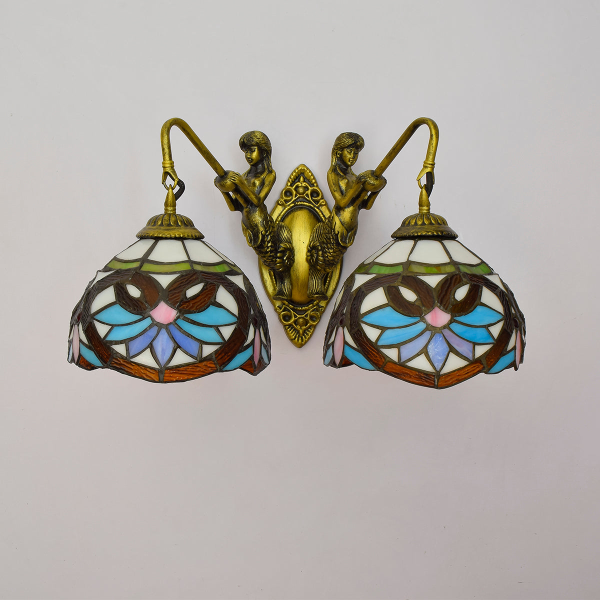 Floral Stained Glass Wall Sconce with Bronze Mermaids