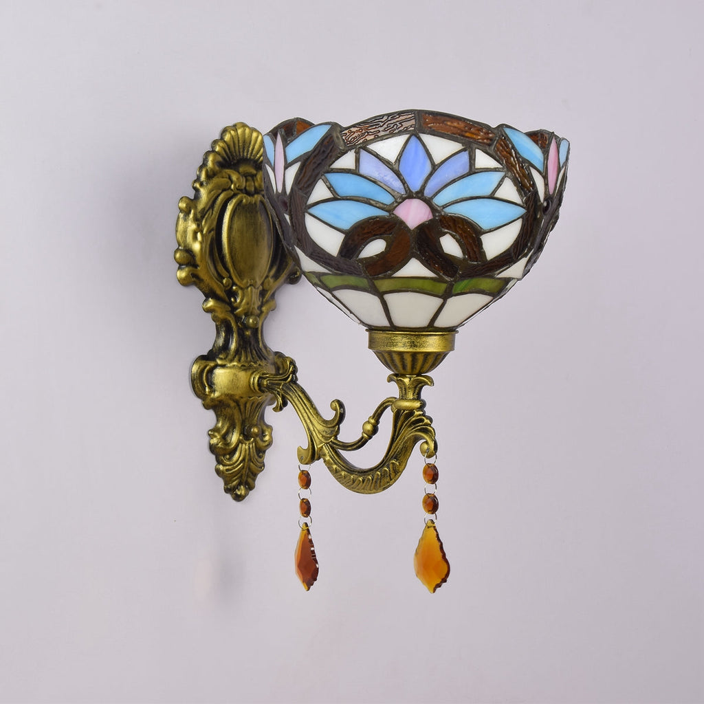 Floral Stained Glass Wall Sconce with Crystals