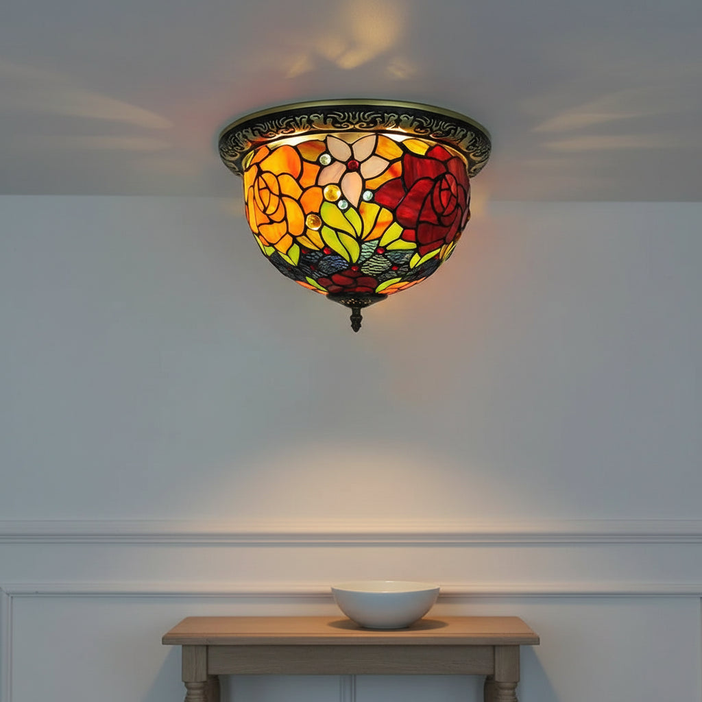 Floral Tiffany Ceiling Light in Glass and Wrought Iron