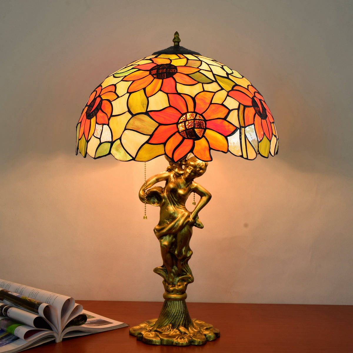 Floral Tiffany Lamp in Tinted Glass with Bronze Woman Base