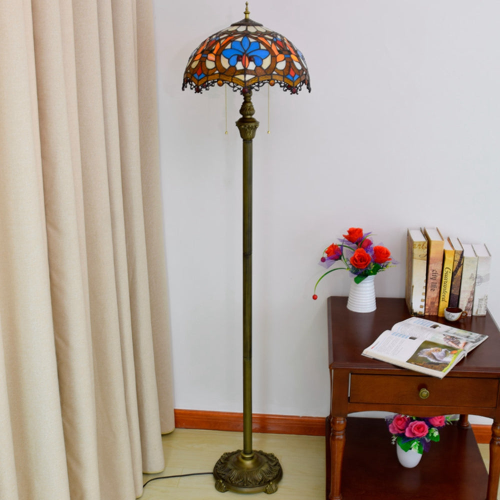 Floral Tiffany Stained Glass and Bronze Floor Lamp