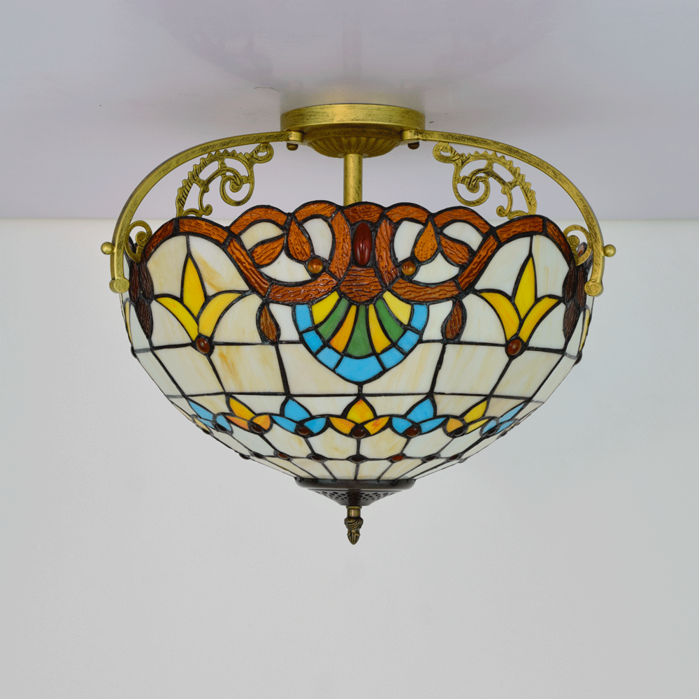 Floral Tiffany Stained Glass and Gold Metal Ceiling Light
