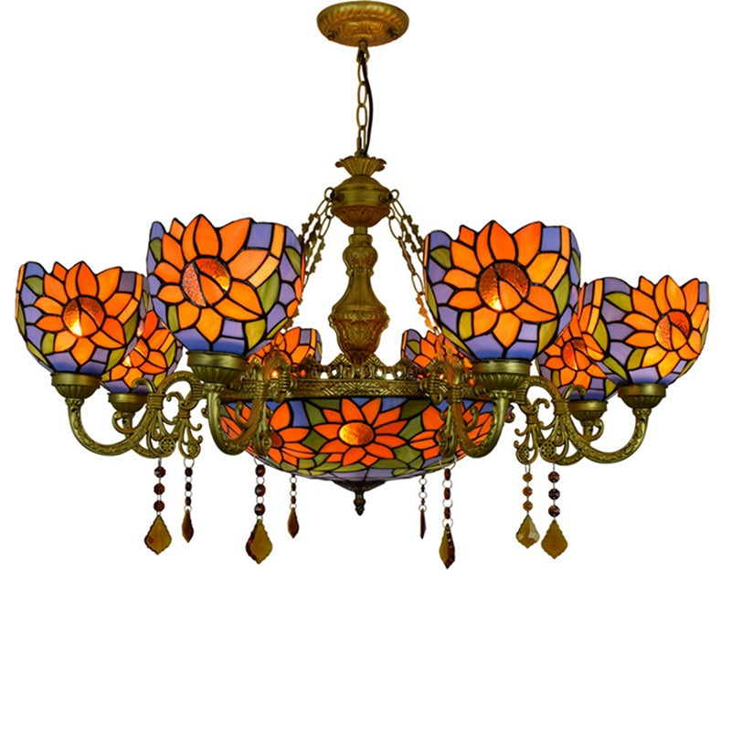 Floral Tiffany Stained Glass Chandelier and Antique Bronze