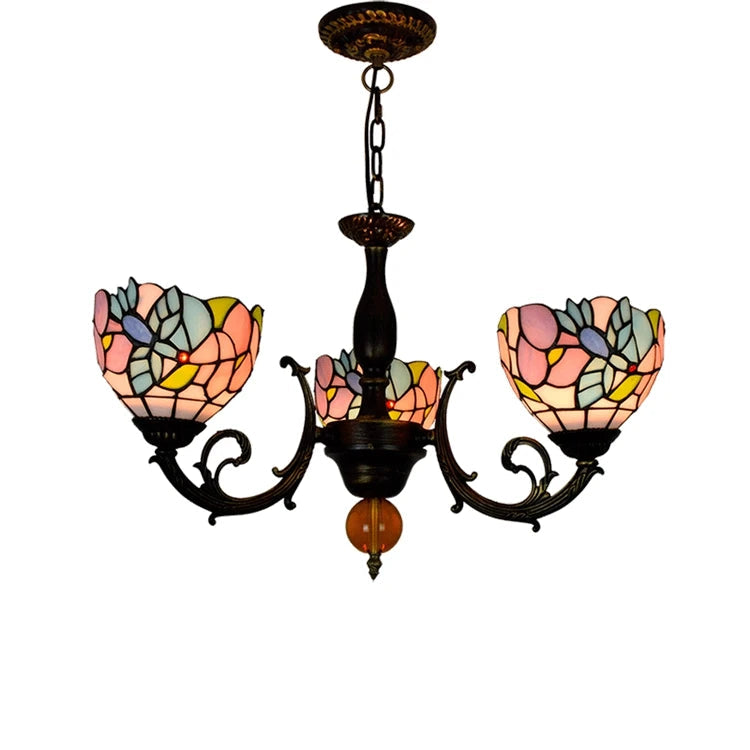 Floral Tiffany Style Bronze Stained Glass Chandelier