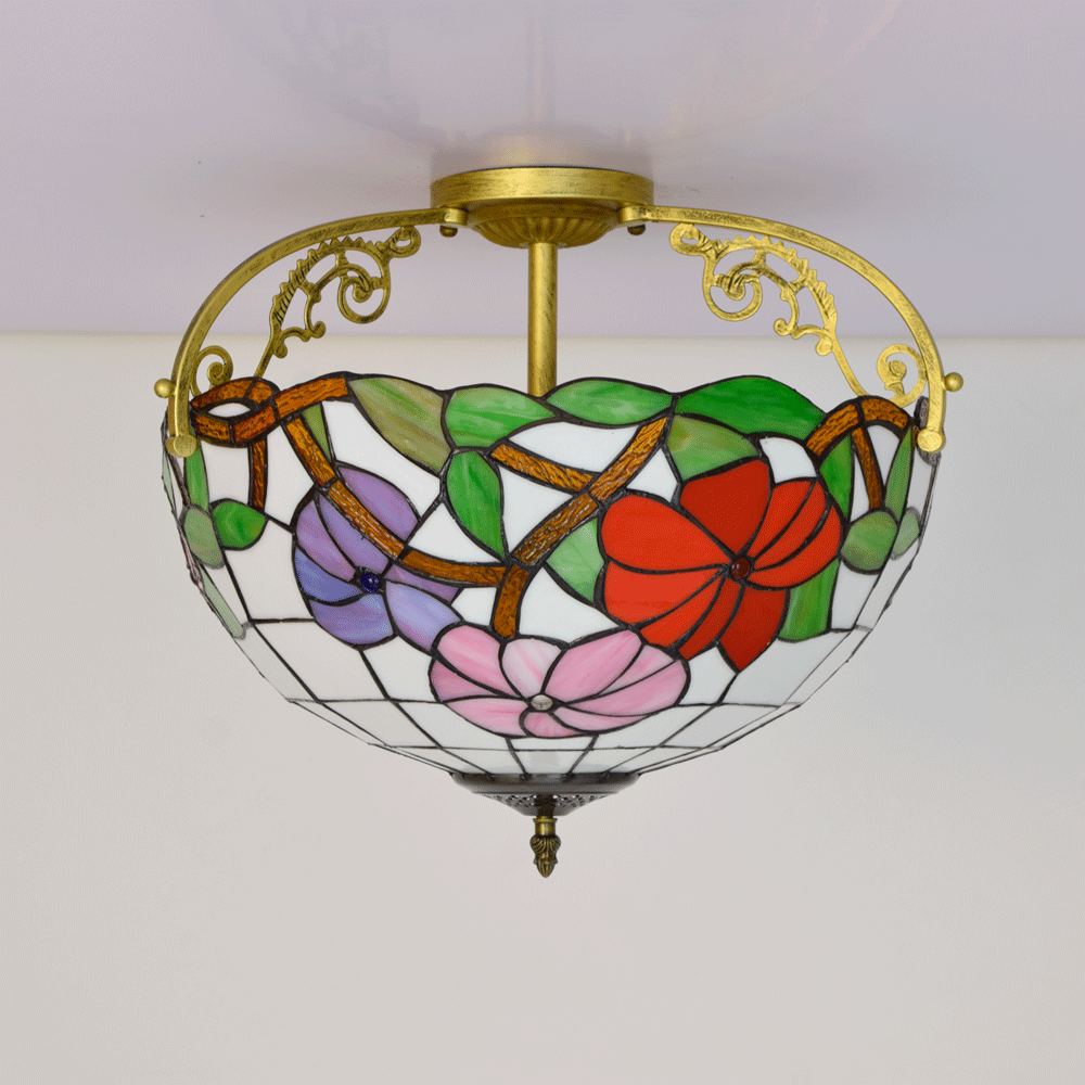 Floral Tiffany Style Ceiling Light in Stained Glass