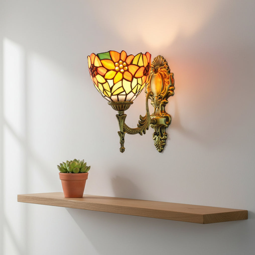 Floral Tiffany Wall Sconce in Stained Glass and Aged Brass