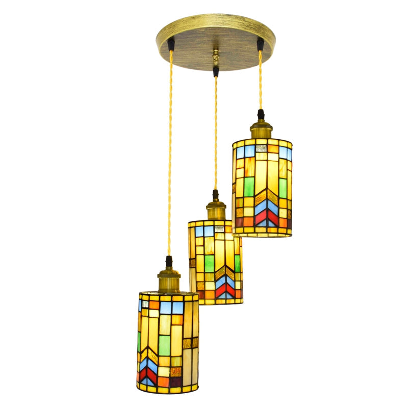 Geometric Multicolor Stained Glass Pendant Light with 3 Lamps
