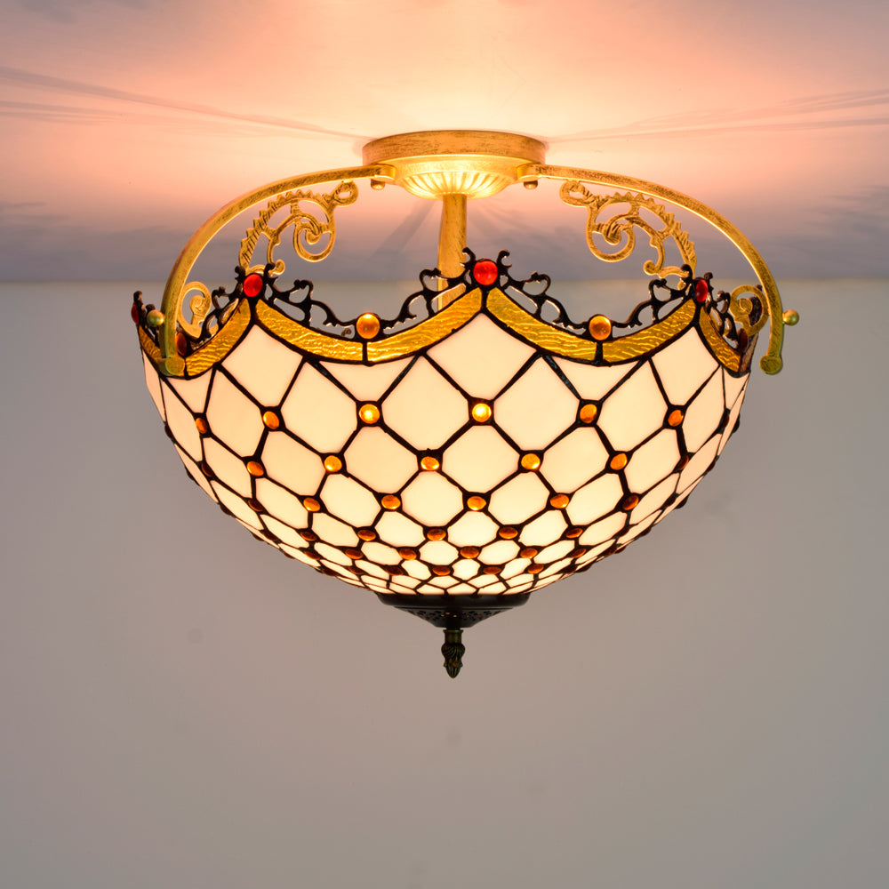 Geometric Tiffany Stained Glass and Ornate Brass Ceiling Light