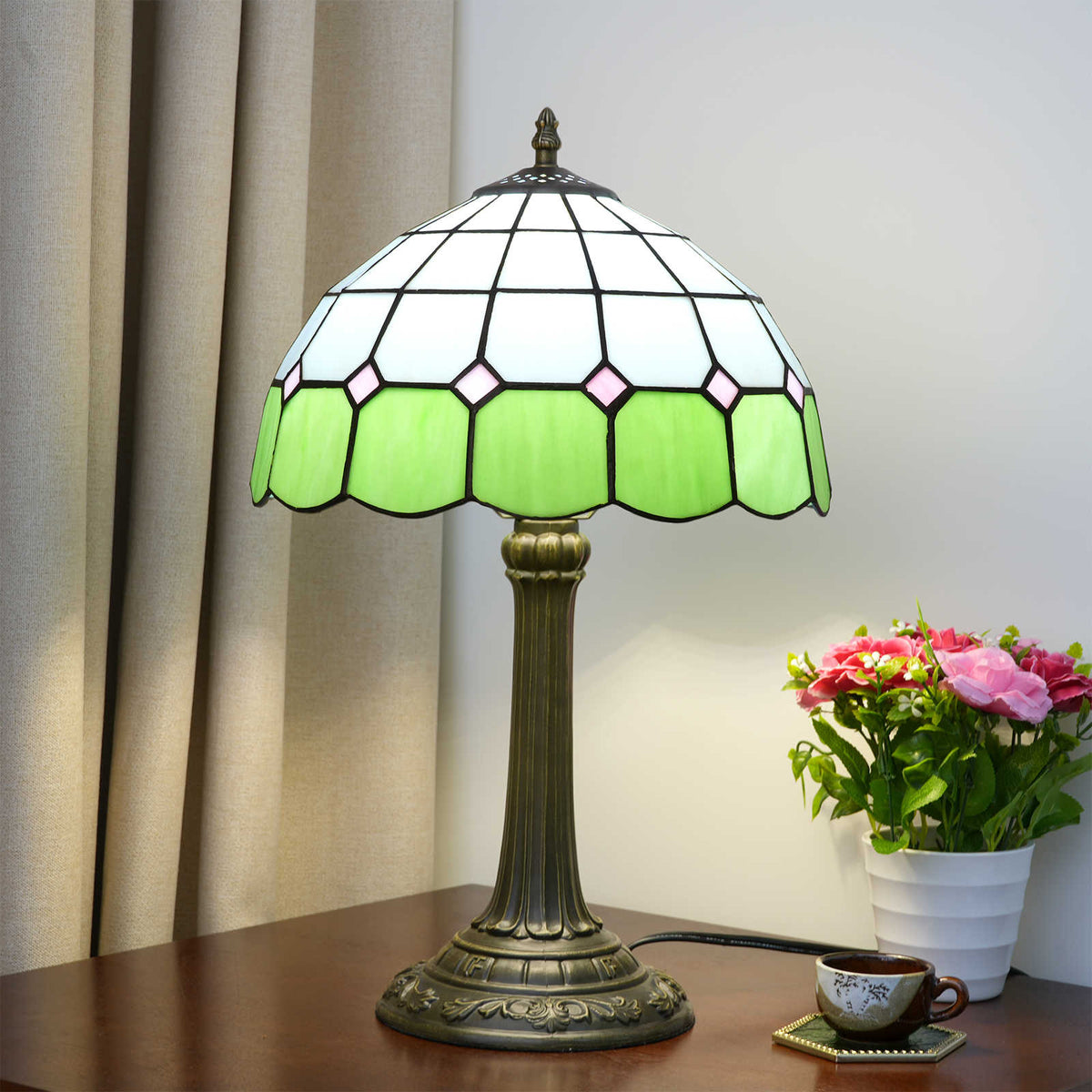 Geometric Tiffany Table Lamp in Green and Pale Pink