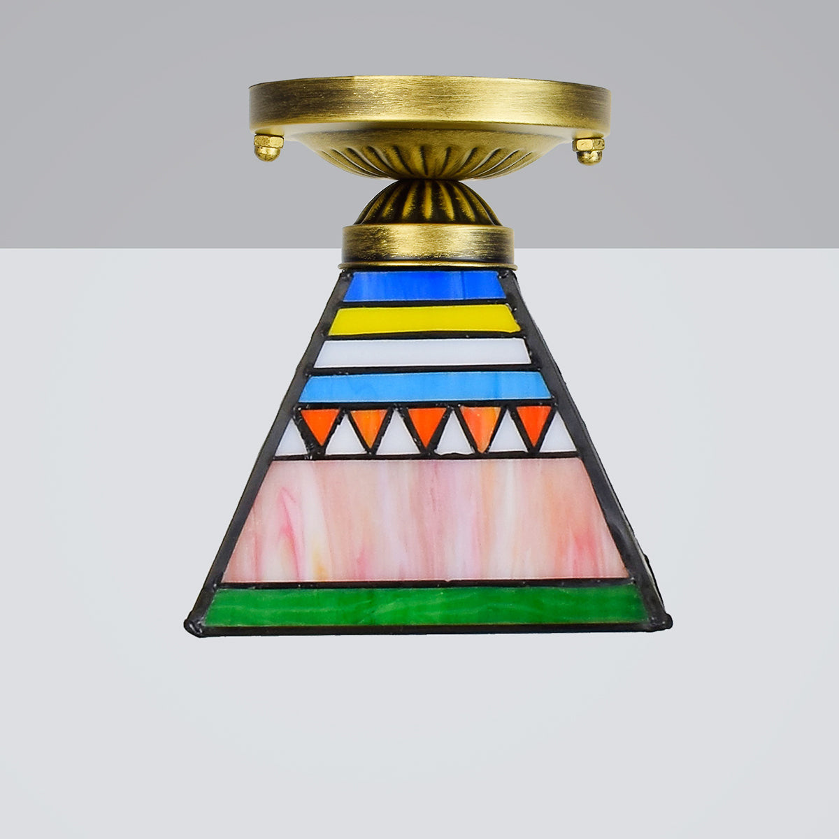 Geometric Tinted Glass and Antique Brass Ceiling Light