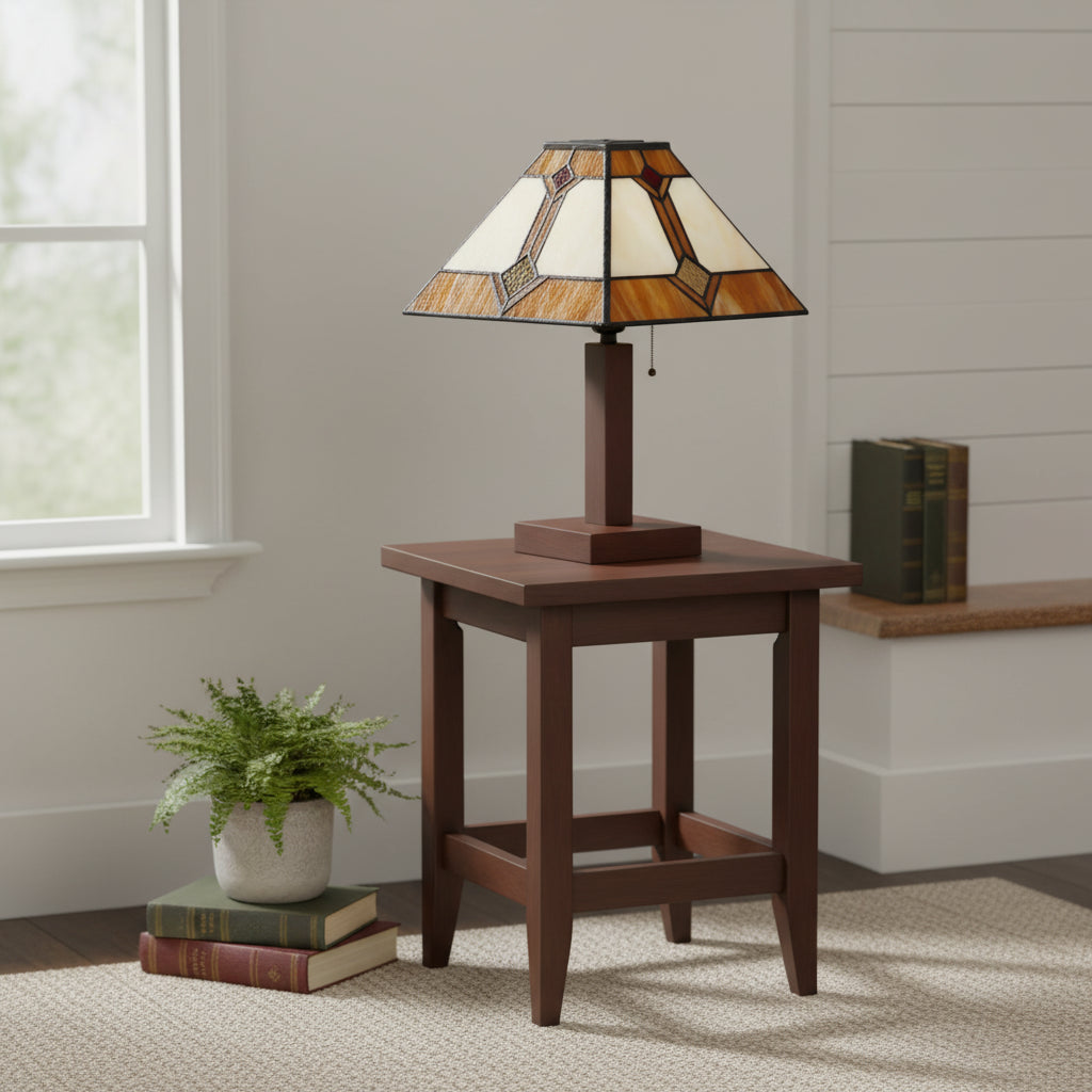 Geometric tinted glass lampshade in amber, cream and red