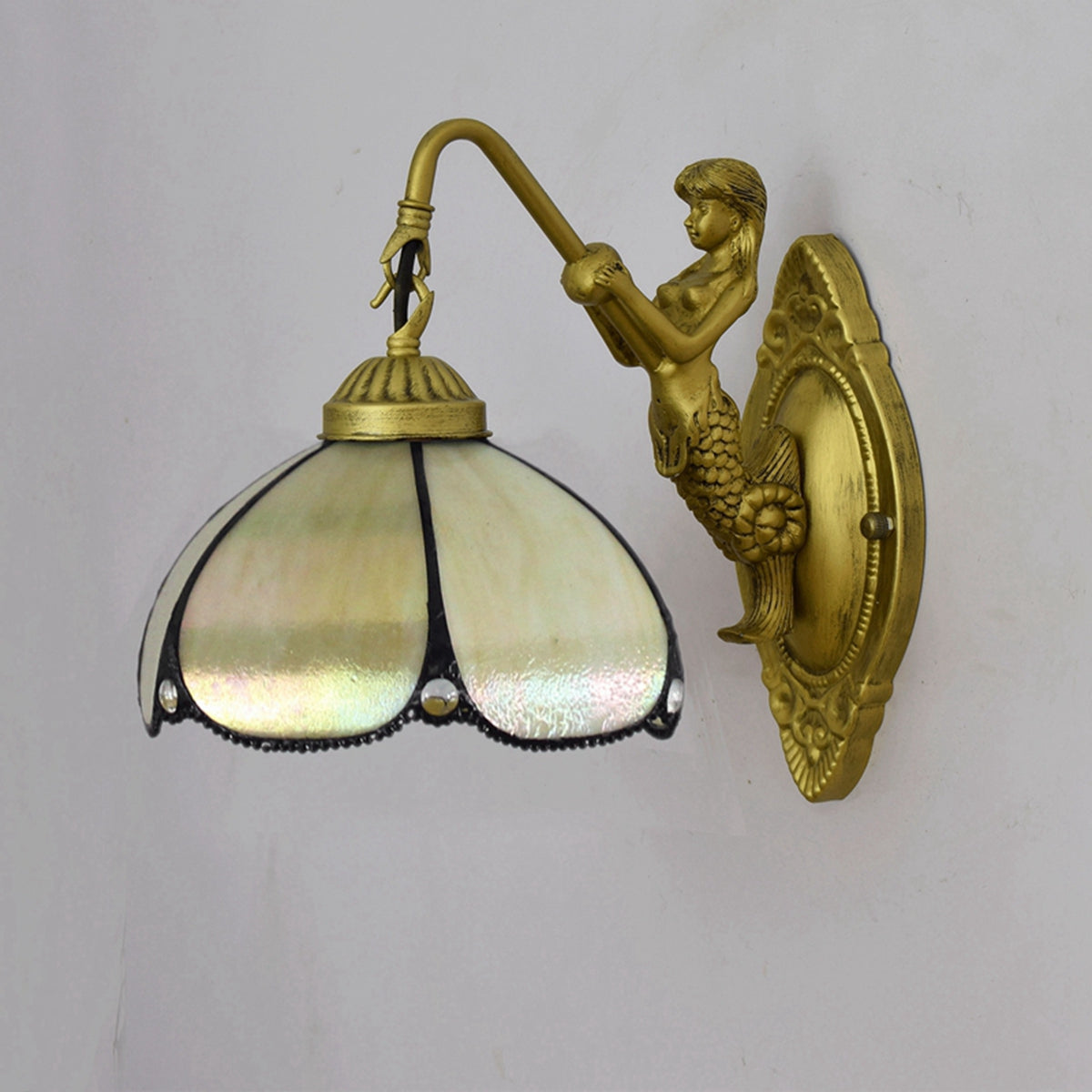 Gold Mermaid Wall Sconce with Mother-of-Pearl Tiffany Lampshade