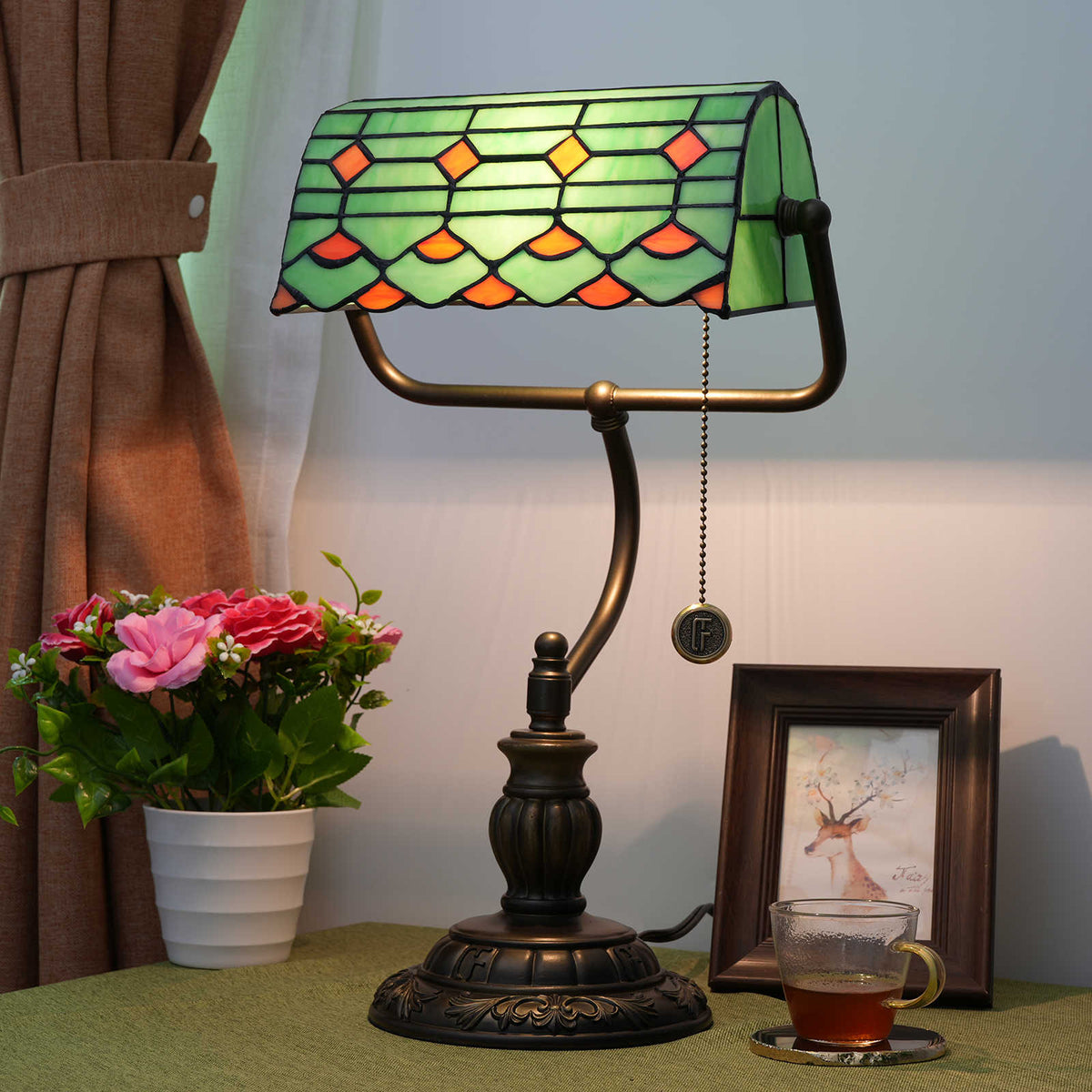 Green and Bronze Stained Glass Banker's Lamp