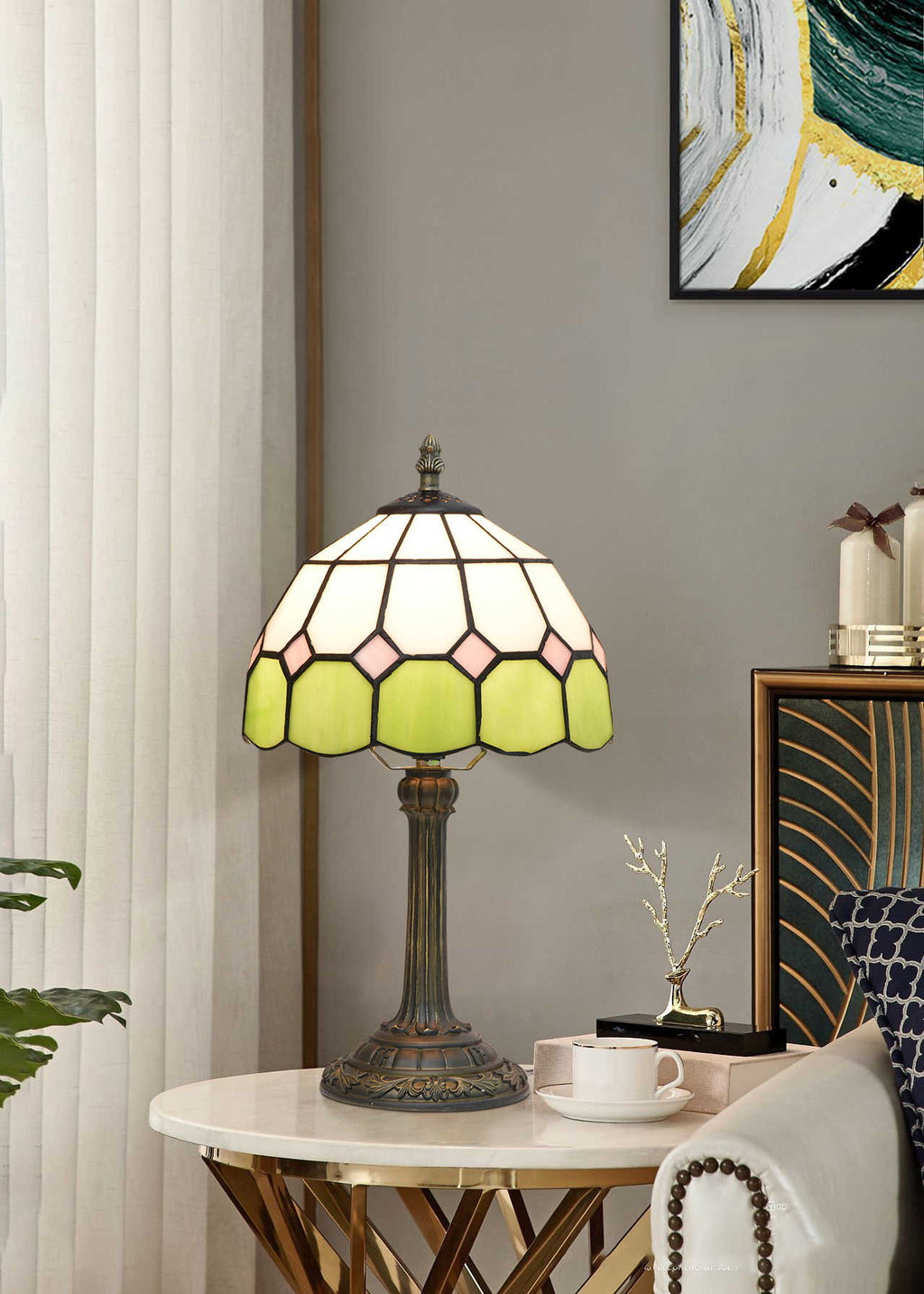 Green and Pink Tiffany Stained Glass Table Lamp