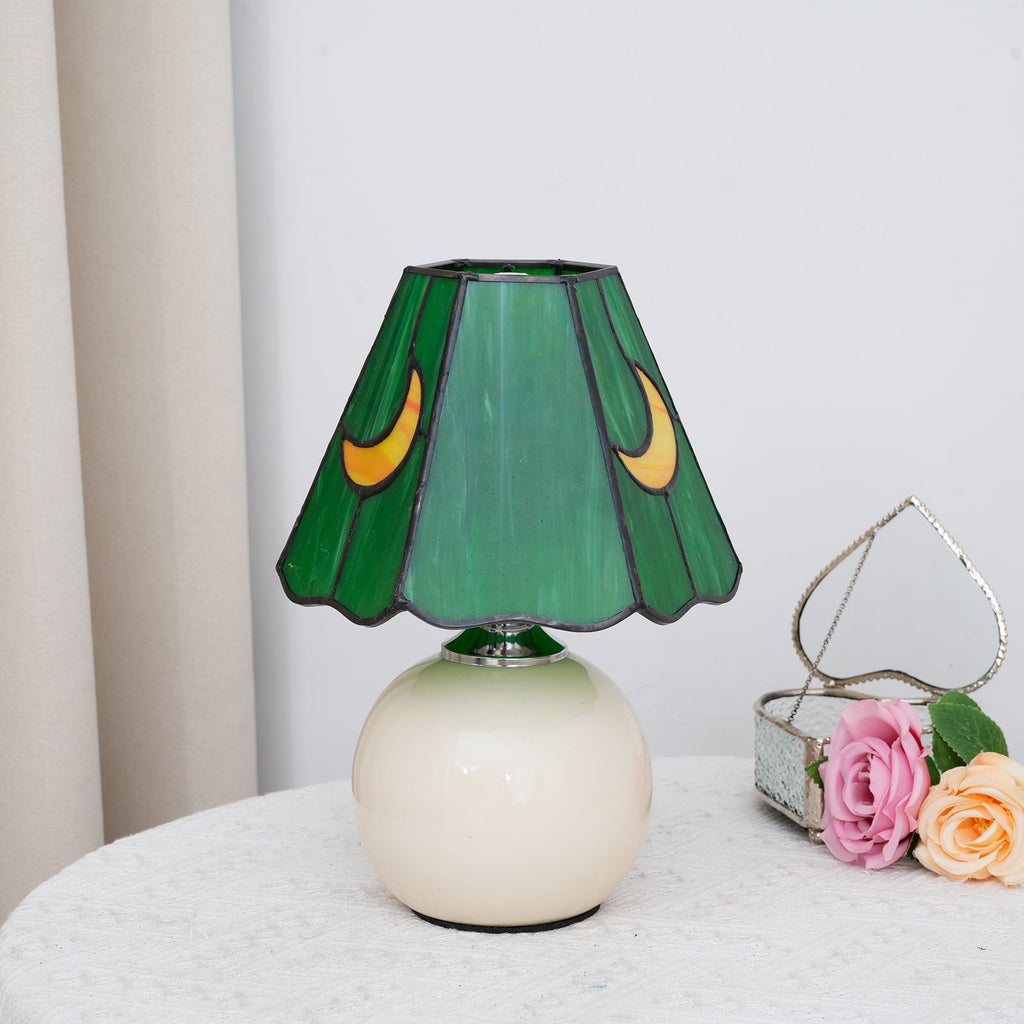 Green Tiffany Table Lamp with Waxing Moons
