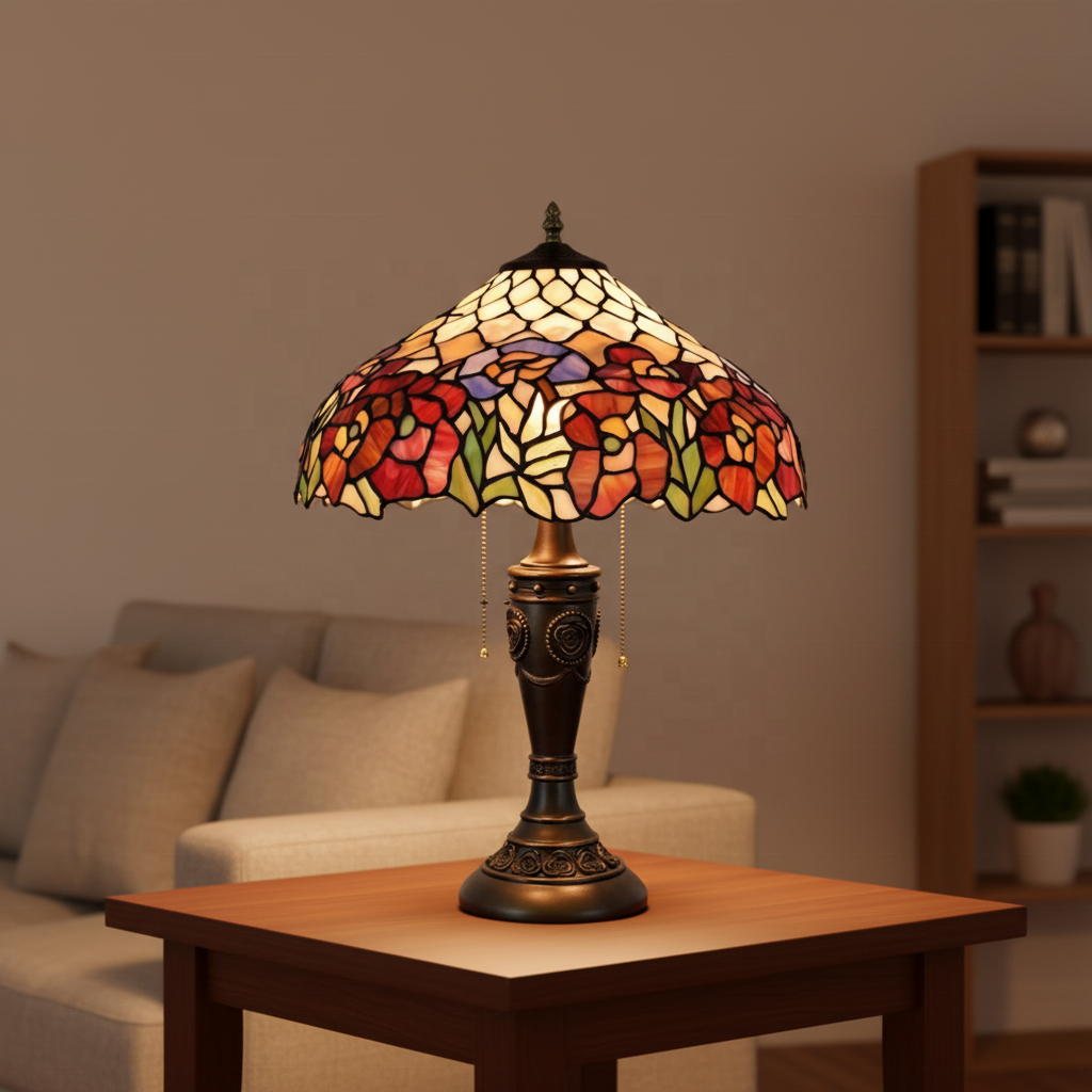 Tiffany Table Lamp with Floral Stained Glass and Carved Bronze