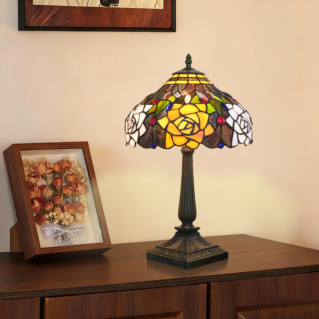 Tiffany Stained Glass Table Lamp with Yellow Roses