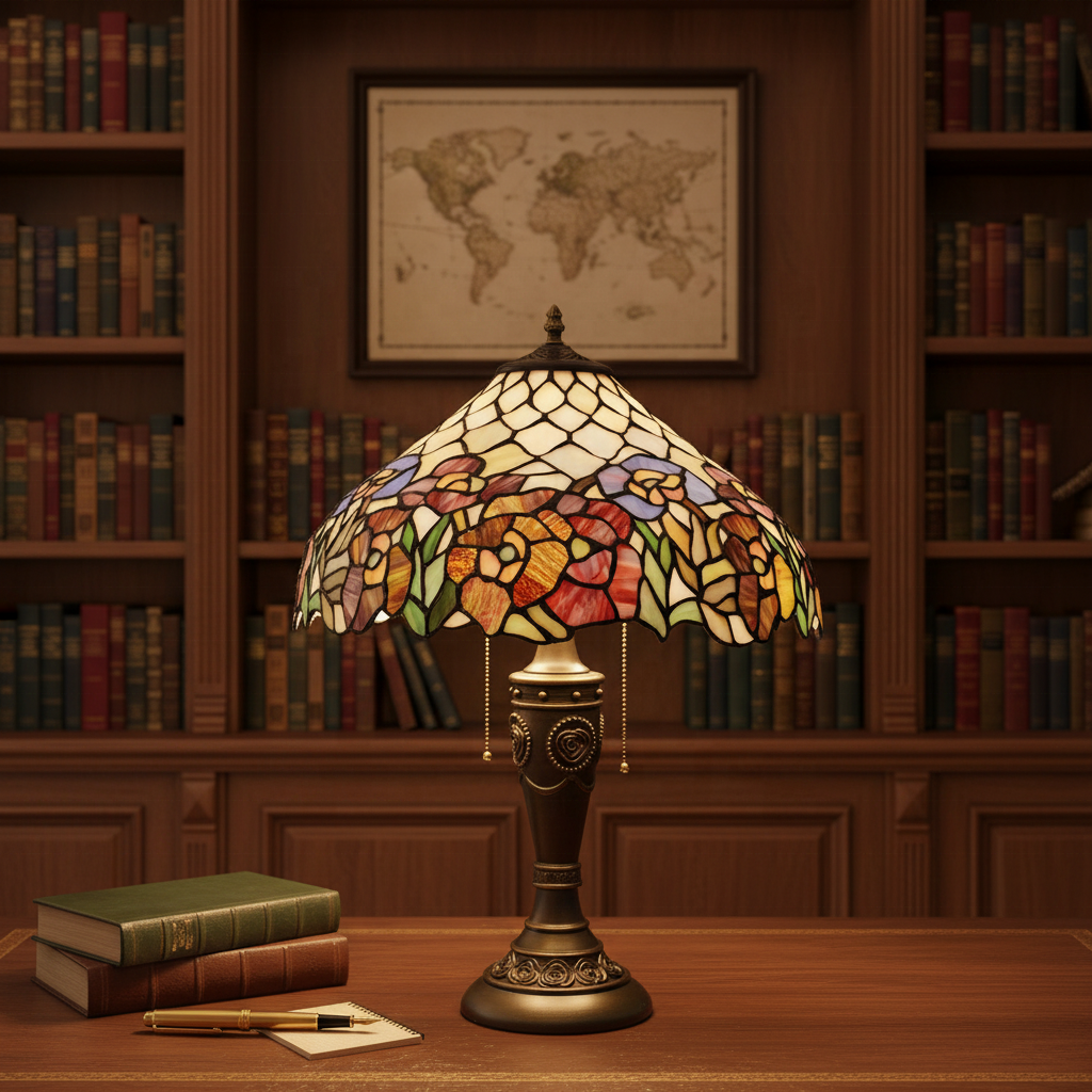 Tiffany Table Lamp with Floral Stained Glass and Carved Bronze