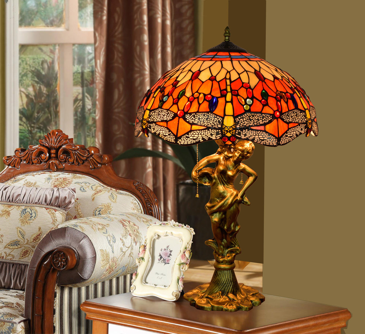 Antique Bronze Stained Glass Tiffany Table Lamp with Dragonflies - Antique Bronze