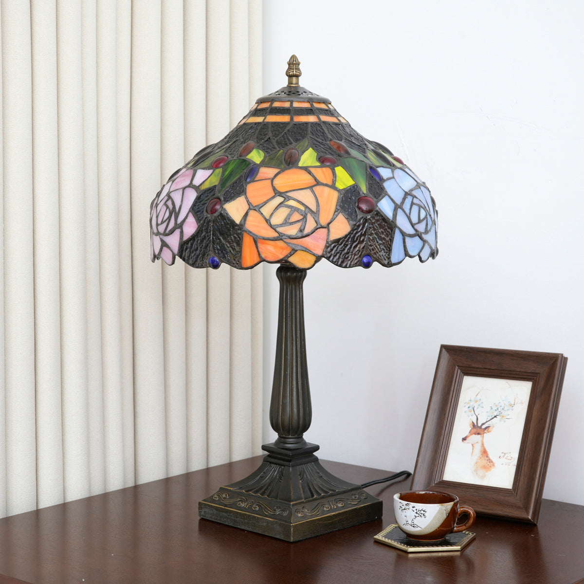 Tiffany Stained Glass Table Lamp with Yellow Roses