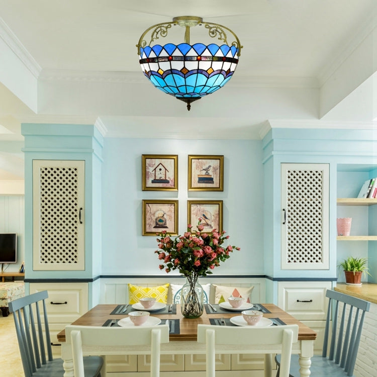 Blue and White Stained Glass Ceiling Light, Tiffany Style