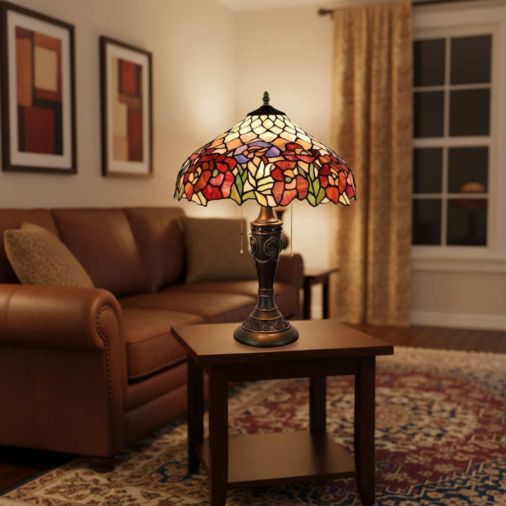 Tiffany Table Lamp with Floral Stained Glass and Carved Bronze