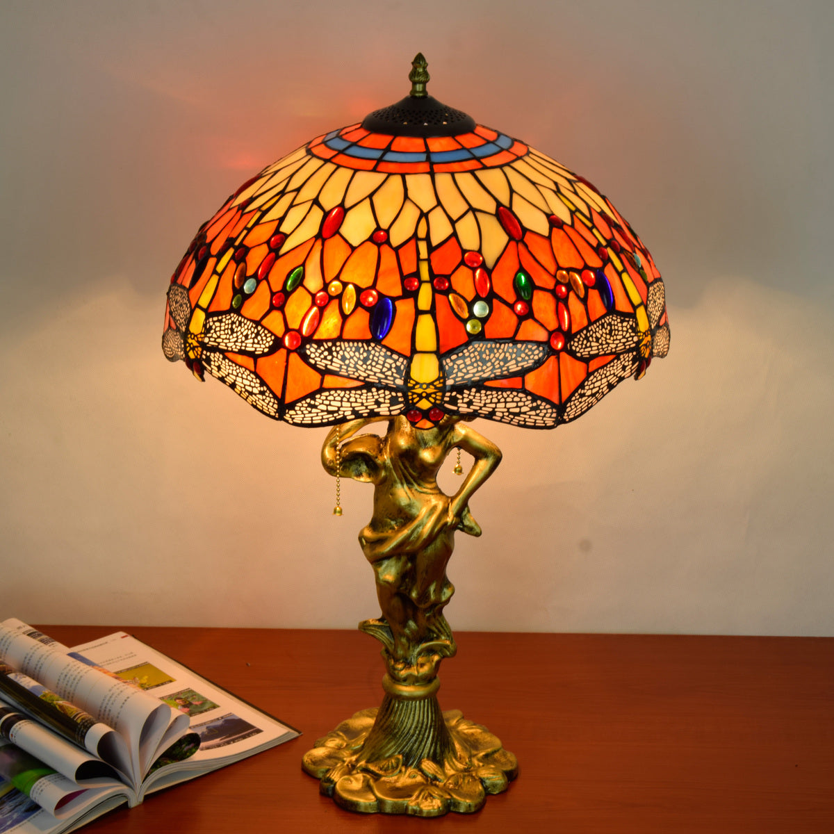 Antique Bronze Stained Glass Tiffany Table Lamp with Dragonflies - Antique Bronze