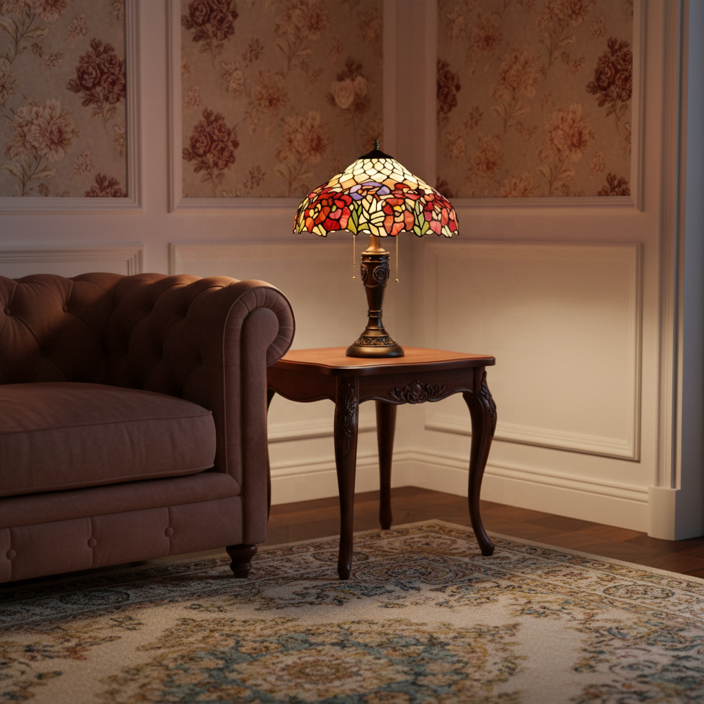 Tiffany Table Lamp with Floral Stained Glass and Carved Bronze