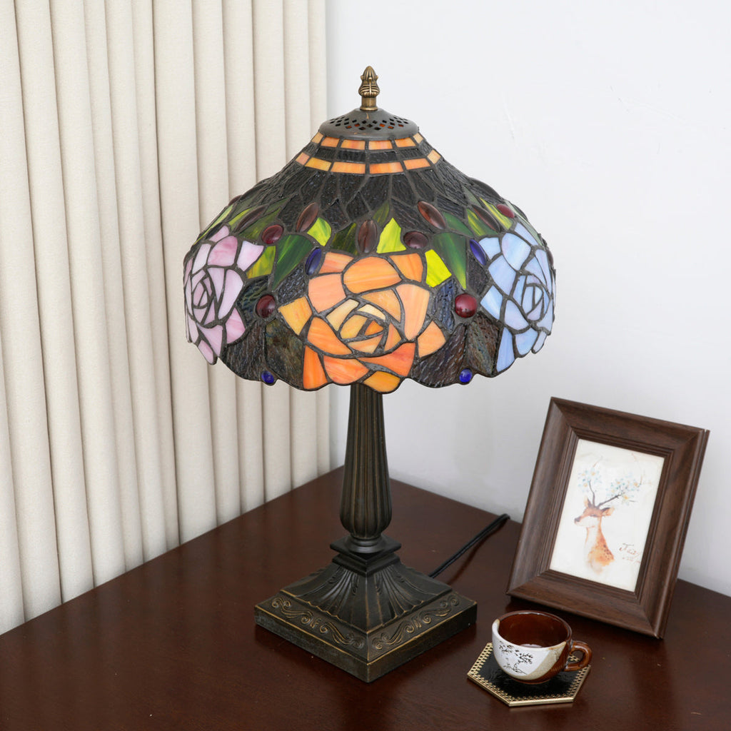 Tiffany Stained Glass Table Lamp with Yellow Roses