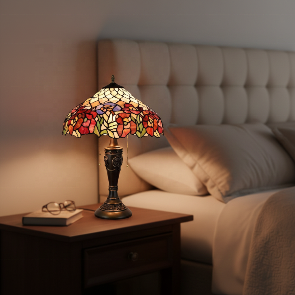 Tiffany Table Lamp with Floral Stained Glass and Carved Bronze
