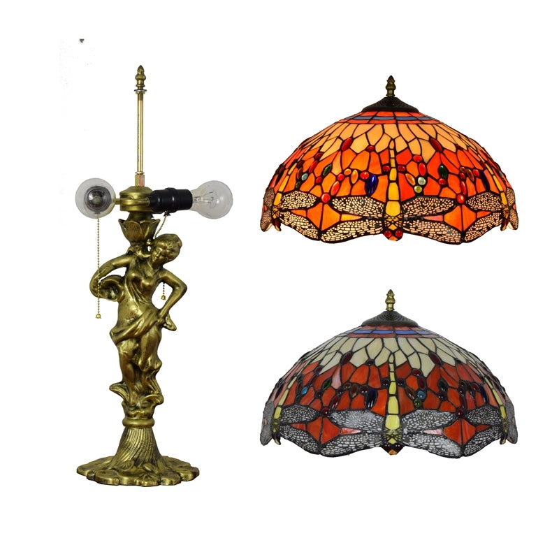 Antique Bronze Stained Glass Tiffany Table Lamp with Dragonflies - Antique Bronze