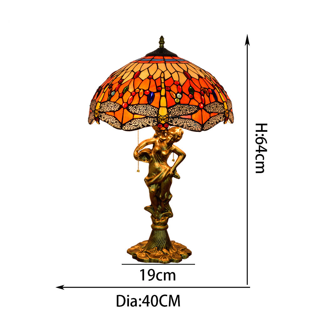 Antique Bronze Stained Glass Tiffany Table Lamp with Dragonflies - Antique Bronze