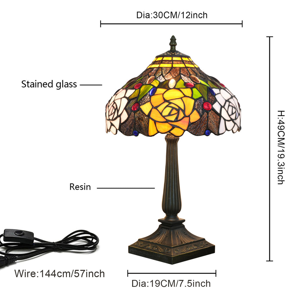 Tiffany Stained Glass Table Lamp with Yellow Roses