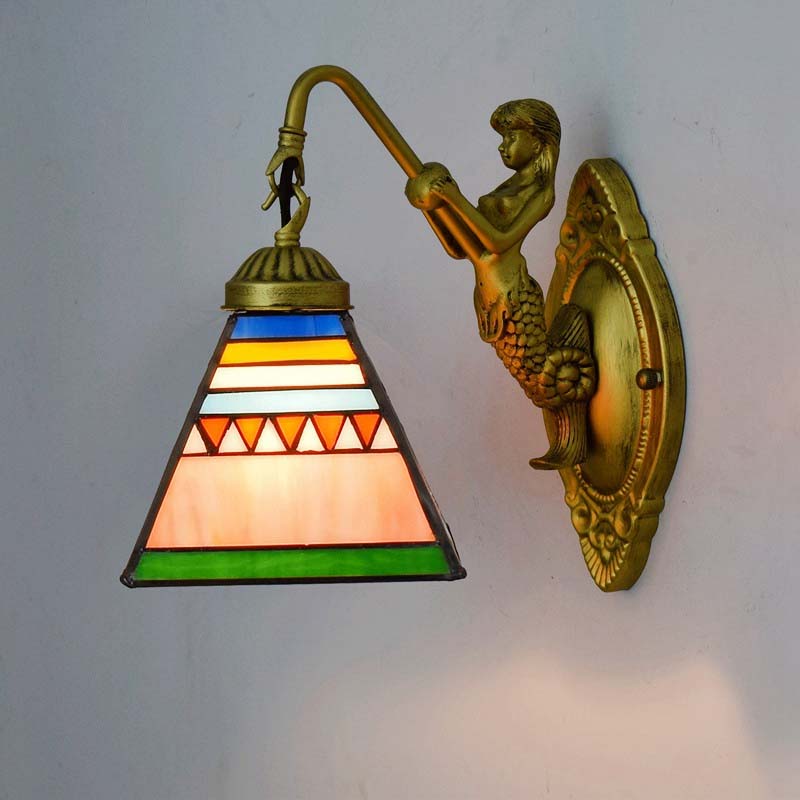 Mermaid Wall Sconce in Gold Metal and Stained Glass