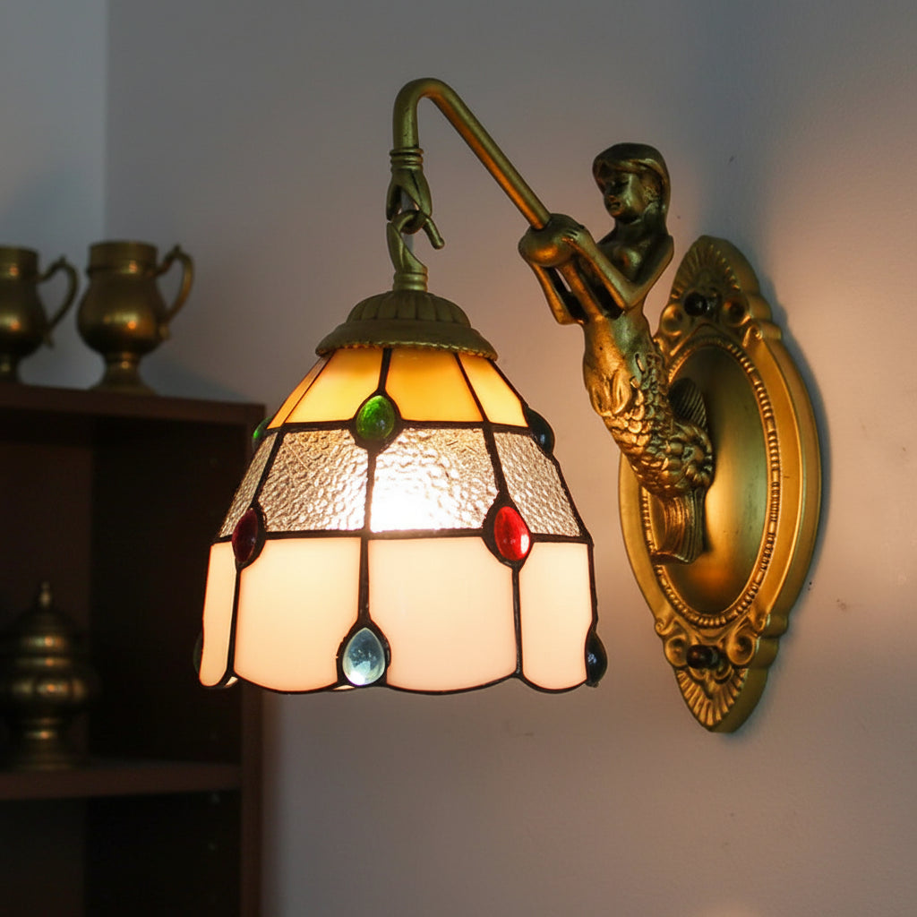 Mermaid Wall Sconce in Stained Glass and Antique Brass