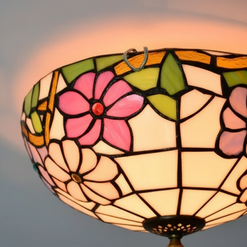 Multicolor Floral Stained Glass Ceiling Light in Tiffany Style