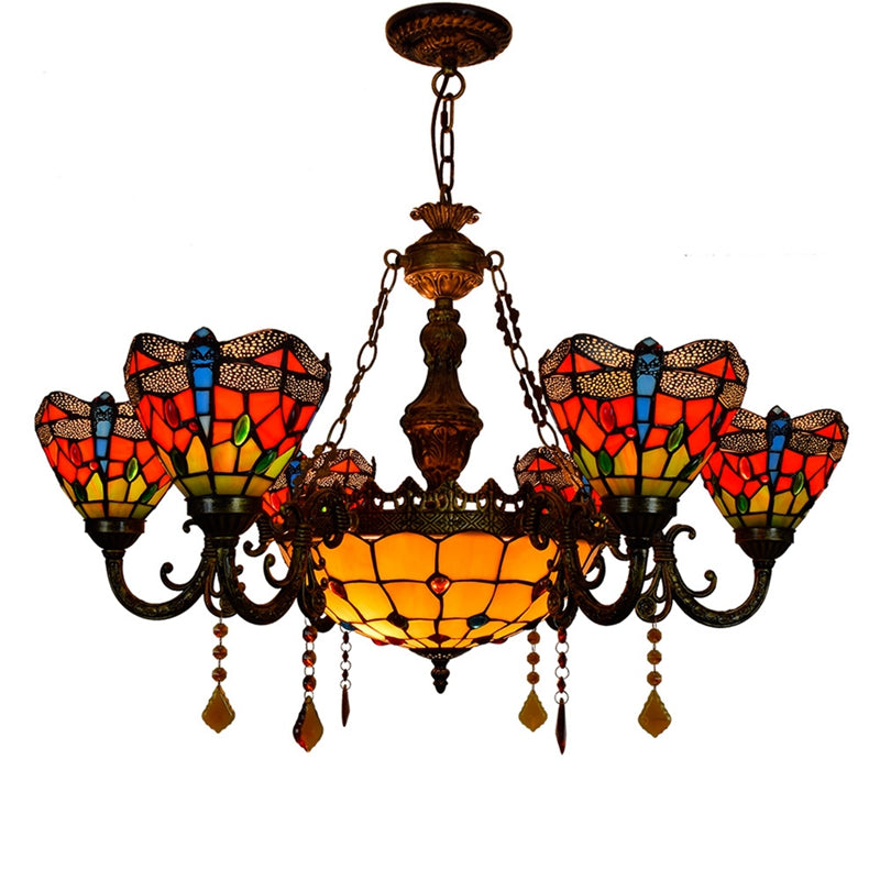 Multicolored Dragonfly Stained Glass Tiffany Chandelier
