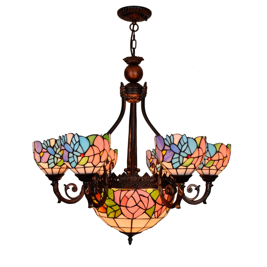 Multicolored Floral Tiffany Stained Glass Chandelier
