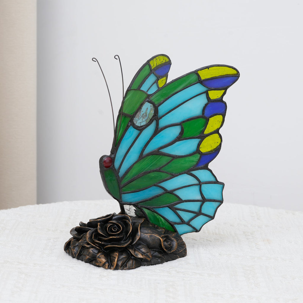 Multicolored Stained Glass Butterfly on a Rosebush Base