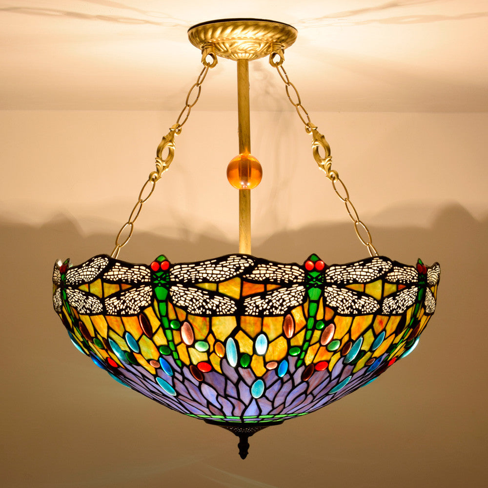 Multicolored Stained Glass Tiffany Chandelier with Dragonflies