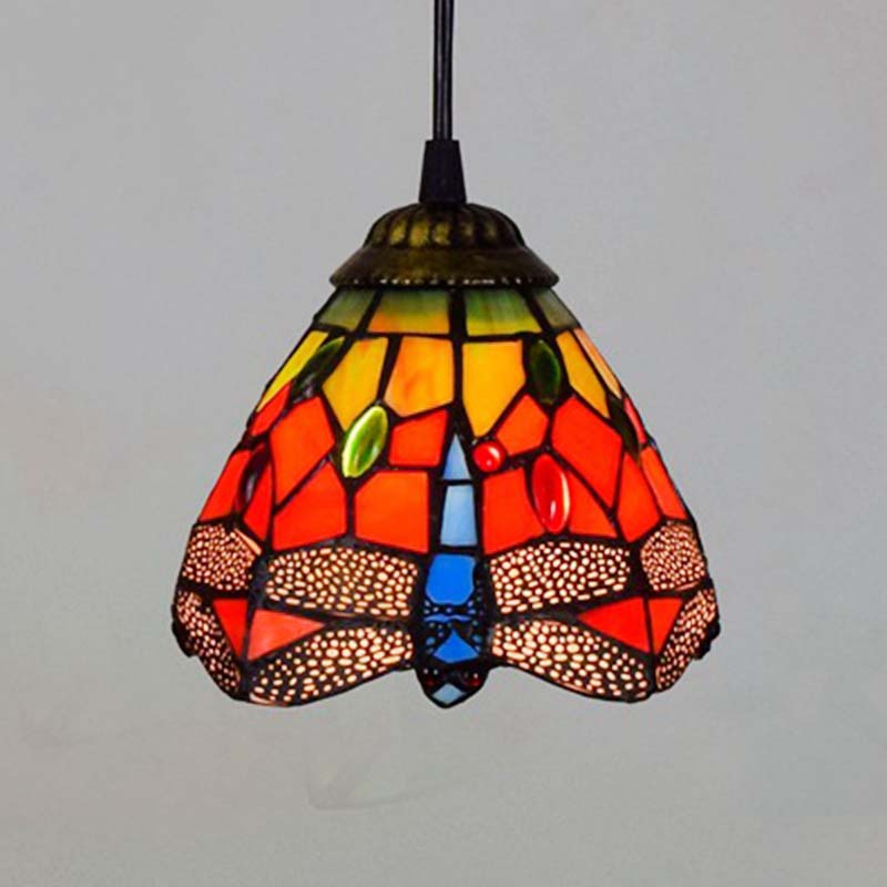 Multicolored Tiffany Stained Glass Dragonfly Hanging Pendant Light