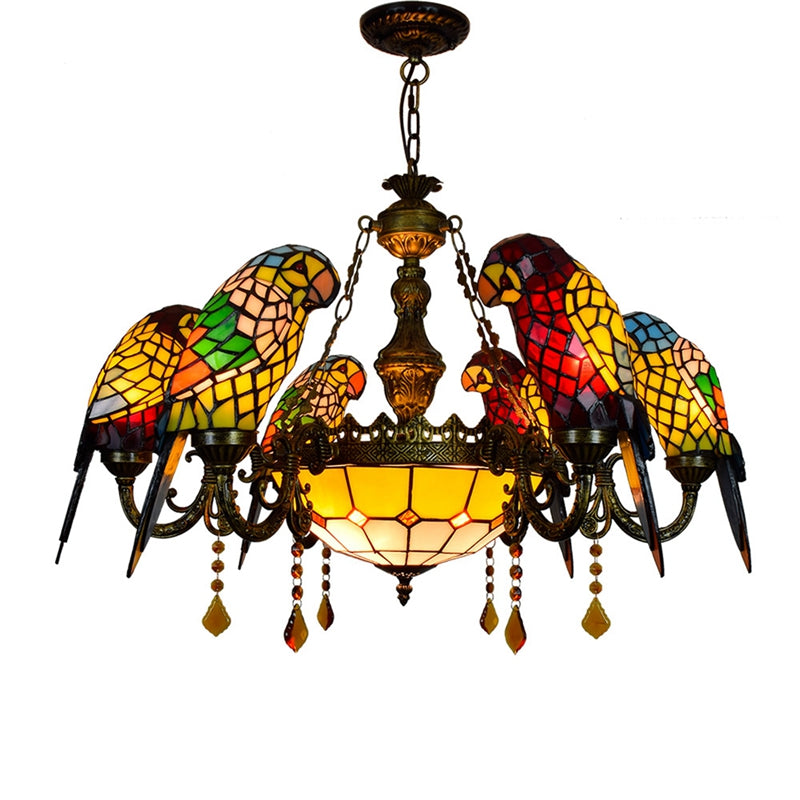 Multicolored Tinted Glass Chandelier with Bronze Parrots