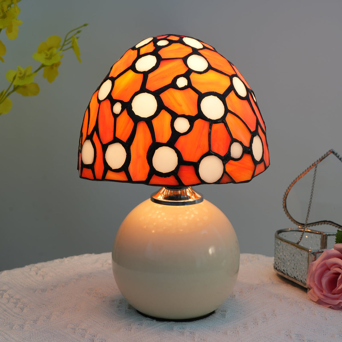 Mushroom Table Lamp, Orange and White Mosaic