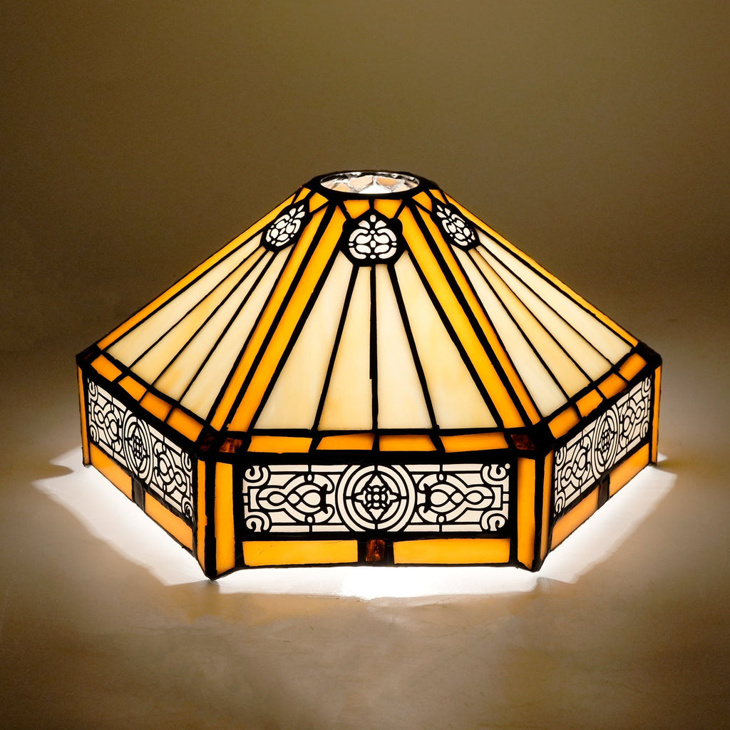 Octagonal Tiffany Stained Glass Lampshade in Amber and Cream