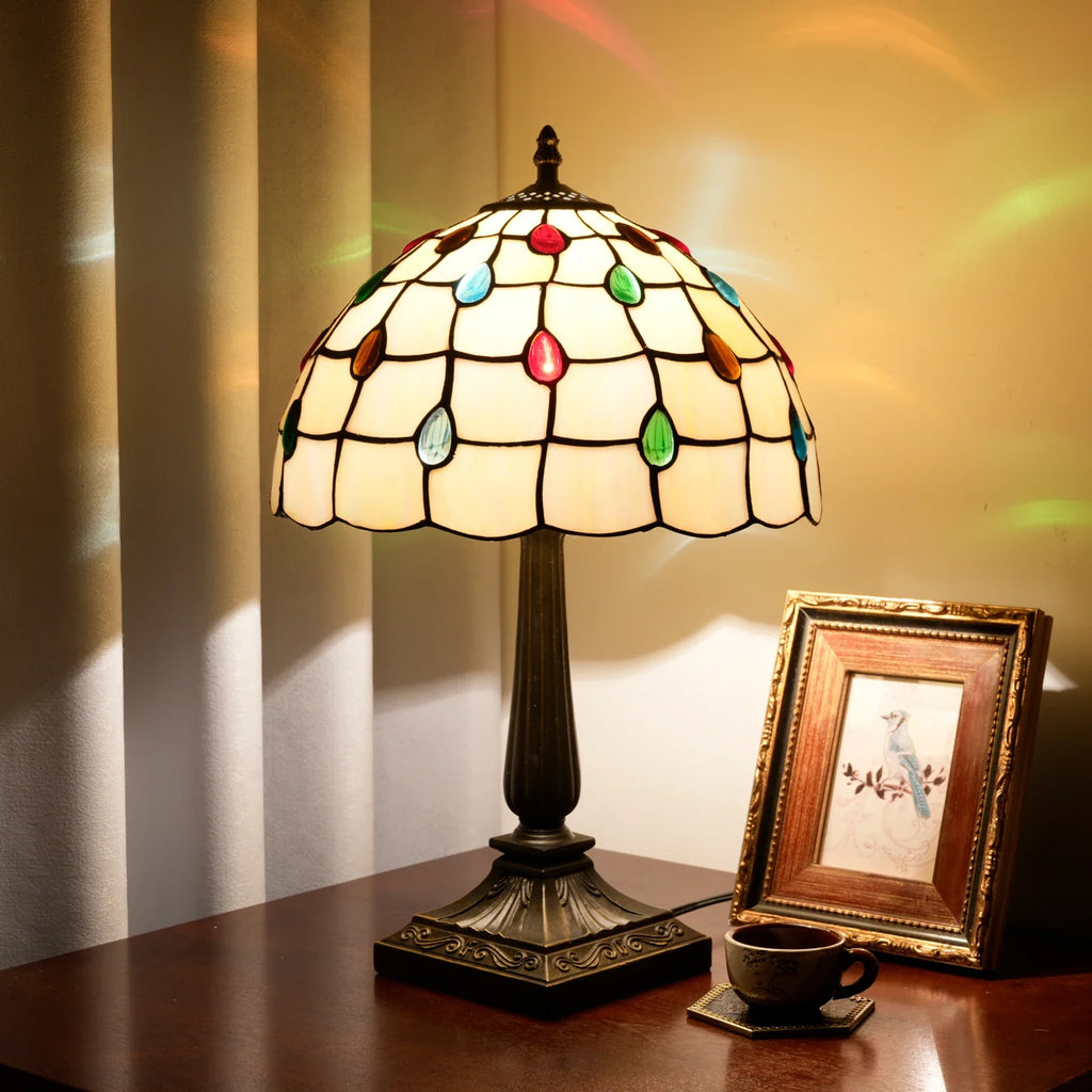 ODIFF Tiffany-style tinted glass table lamp, phoenix tail pearl design, bedside reading lamp, decorative light for office, study, home decor